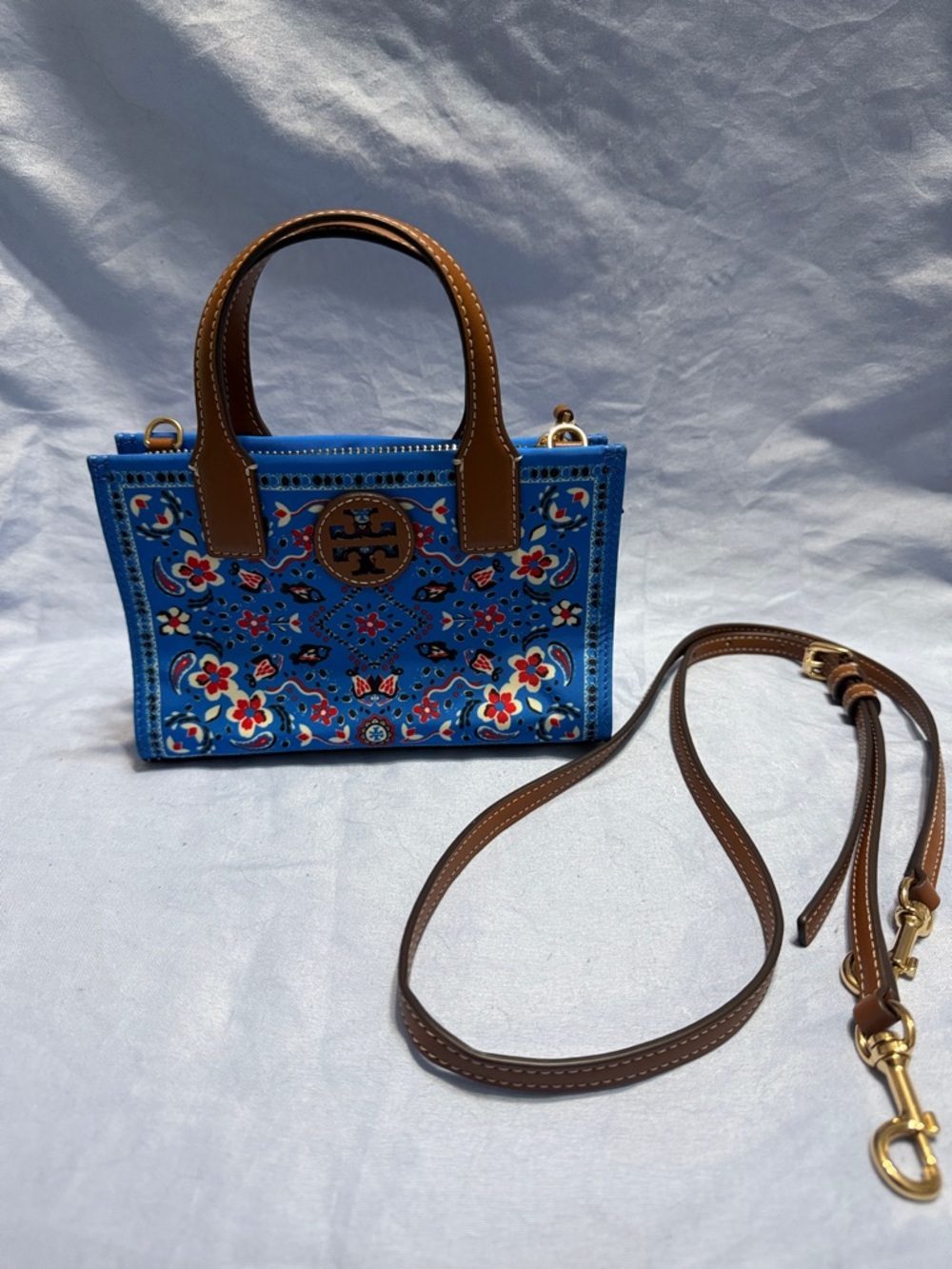 Tory Burch Blue Floral Mini Tote with Brown Leather Trim